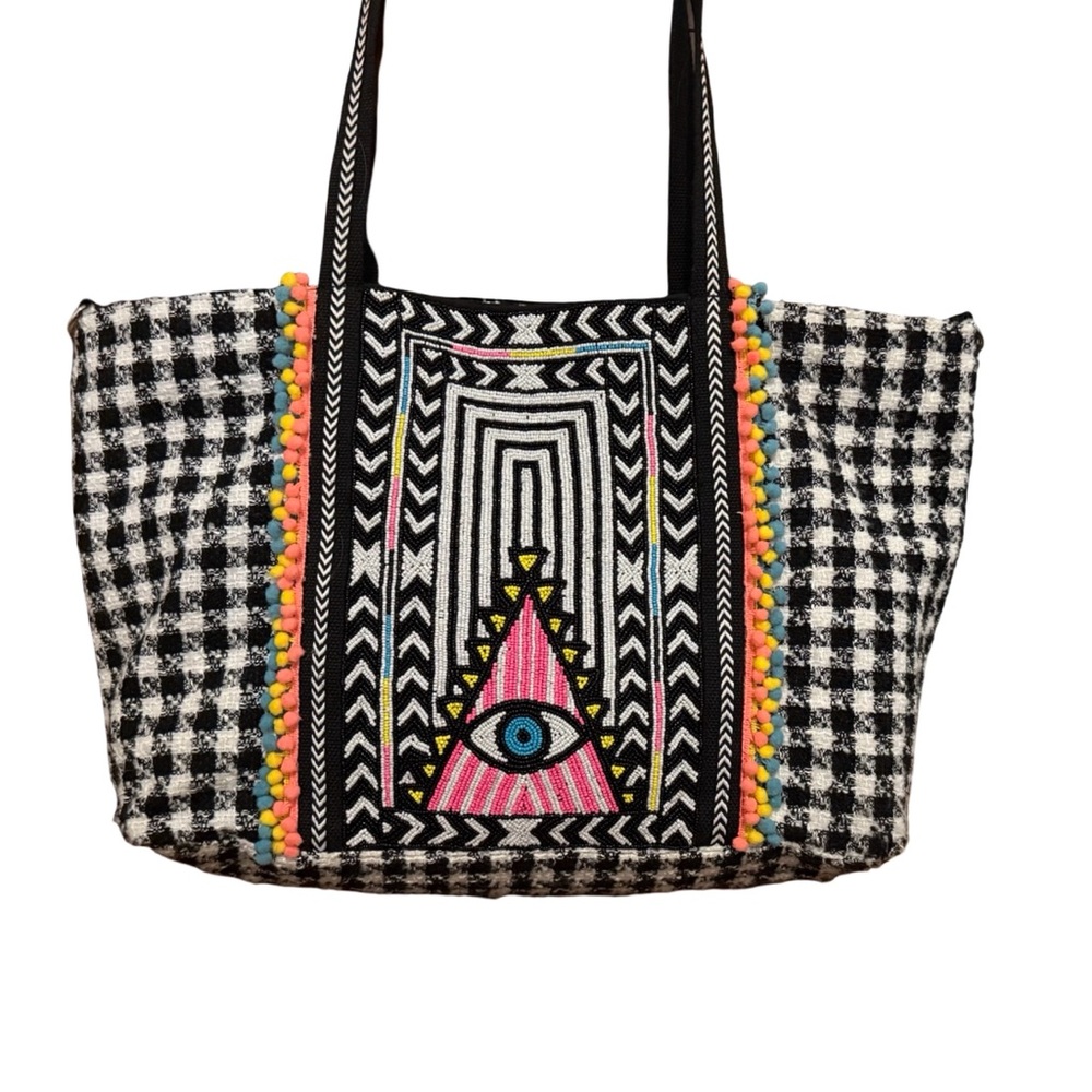 Beaded Evil Eye Tote Bag Multicolor Black & White Tweed